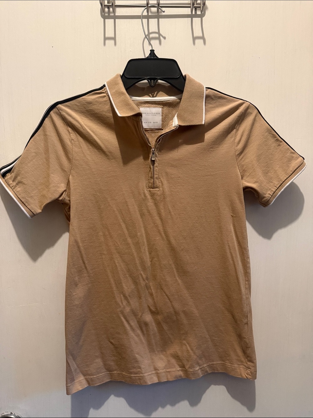 Denim & Flower Tan Short-Sleeve Zip Polo with Contrast Trim